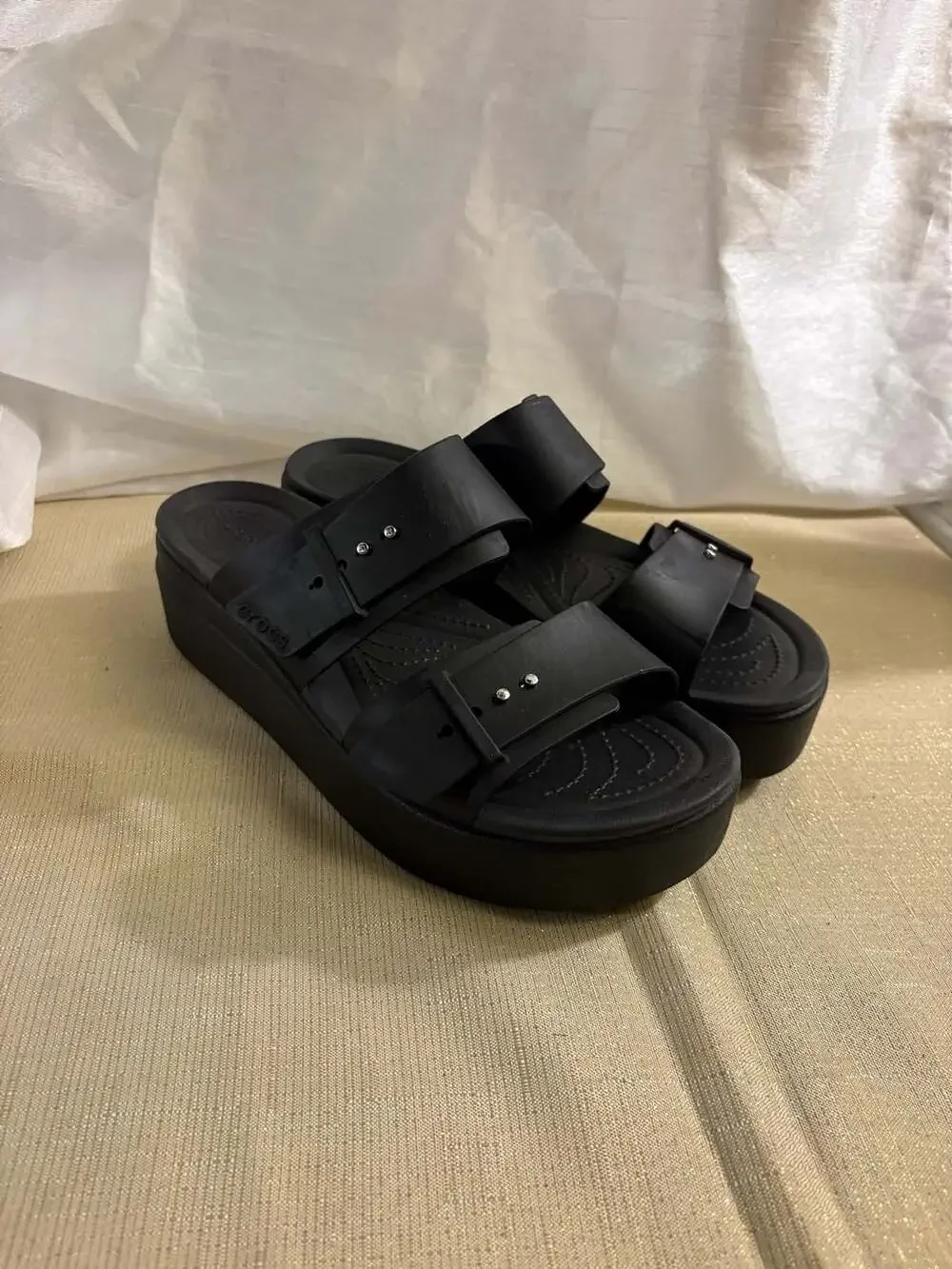 Crocs Brooklyn Buckle Low Wedge Platform Sandals in Black